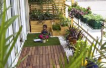Ambiente com deck de madeira - deck sem sacada de apartamento com plantas