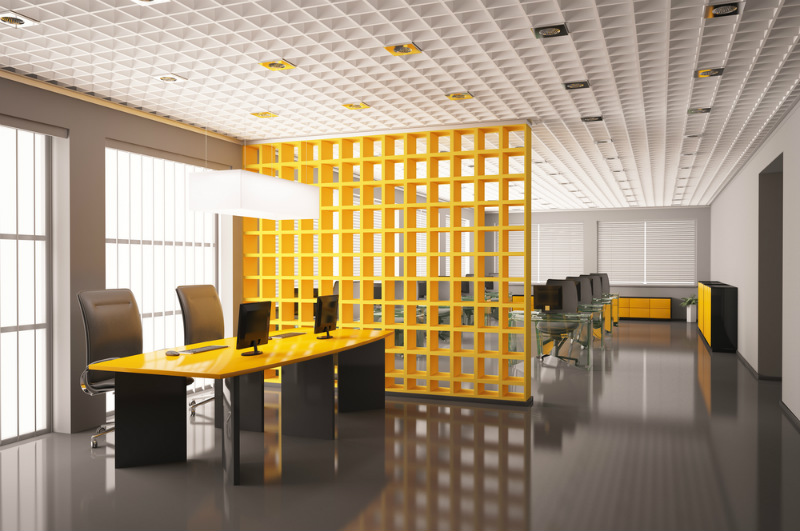 Escritório corporativo com decoração amarelo
