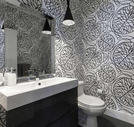 Papel de parede de banheiro com desenhos preto